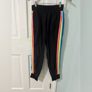 Fabletics Black Track Pants with Rainbow Stripe Trim | Medium | Y2K Windbreaker